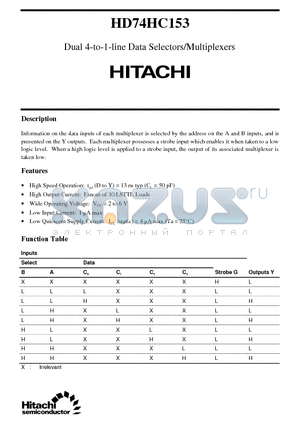 HD74HC153 datasheet - Dual 4-to-1-line Data Selectors/Multiplexers