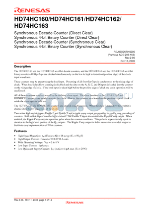 HD74HC160FPEL datasheet - Synchronous Decade Counter (Direct Clear)