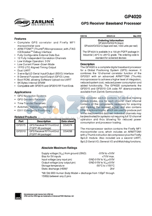 GP4020/IG datasheet - GPS Receiver Baseband Processor