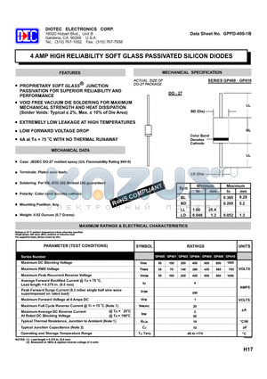 GP401 datasheet - 4 AMP HIGH RELIABILITY SOFT GLASS PASSIVATED SILICON DIODES