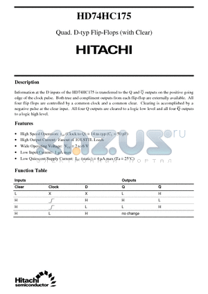 HD74HC175 datasheet - Quad. D-typ Flip-Flops (with Clear)