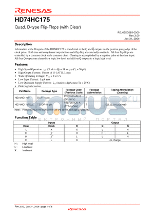 HD74HC175P datasheet - Quad. D-type Flip-Flops (with Clear)