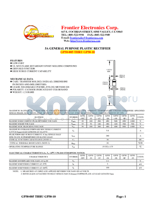 GP50-005 datasheet - 5A GENERAL PURPOSE PLASTIC RECTIFIER