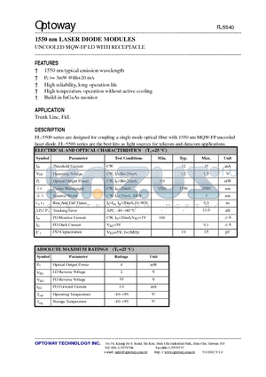 FL-5548-SB datasheet - 1550 nm LASER DIODE MODULES UNCOOLED MQW-FP LD WITH RECEPTACLE