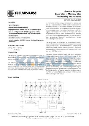 GP521 datasheet - General Purpose Controller / Memory Chip for Hearing Instruments