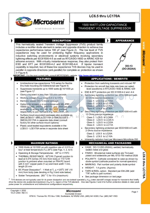 LC110A datasheet - 1500 WATT LOW CAPACITANCE TRANSIENT VOLTAGE SUPPRESSOR