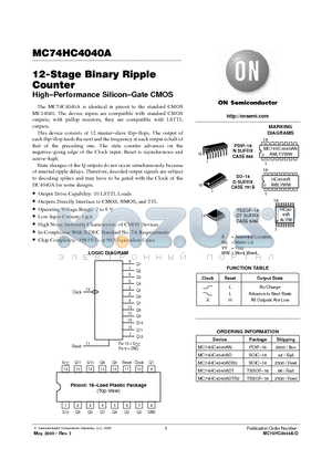 MC74HC4040A datasheet - 12-Stage Binary Ripple Counter