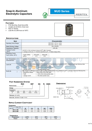 MUD datasheet - Snap-In Aluminum Electrolytic Capacitors