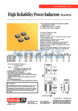 ML433PZA222MLZ datasheet - High Reliability Power Inductors