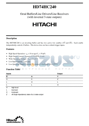 HD74HC240 datasheet - Octal Buffers/Line Drivers/Line Receivers(with inverted 3-state outputs)