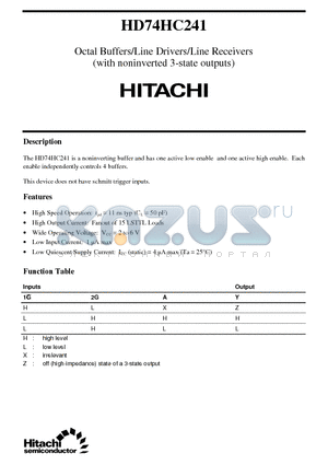 HD74HC241 datasheet - Octal Buffers/Line Drivers/Line Receivers(with noninverted 3-state outputs)