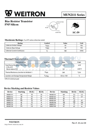 MUN2111_09 datasheet - Bias Resistor Transistor PNP Silicon