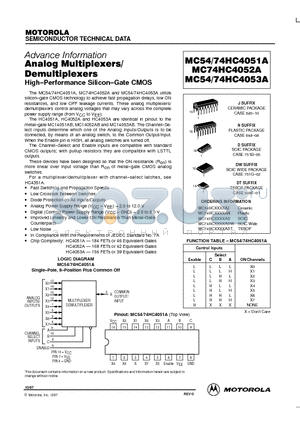 MC74HC4052A datasheet - ANALOG MULTIPLEXERS/ DEMULTIPLEXERS