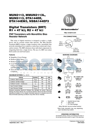 MUN2113T1G datasheet - Digital Transistors (BRT) R1 = 47 k, R2 = 47 k