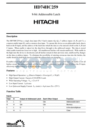 HD74HC259 datasheet - 8-bit Addressable Latch