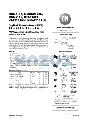 MUN2115 datasheet - Digital Transistors (BRT) R1 = 10 k, R2 =  k