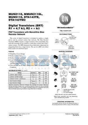 MUN2116T1G datasheet - Digital Transistors (BRT) R1 = 4.7 k, R2 =  k