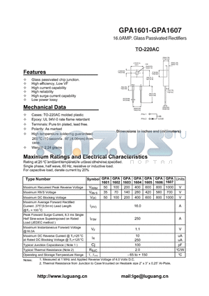 GPA1601 datasheet - 16.0AMP. Glass Passivated Rectifiers