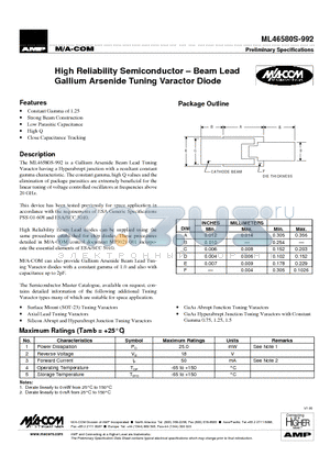 ML46580S-992 datasheet - High Reliability Semiconductor . Beam Lead Gallium Arsenide Tuning Varactor Diode