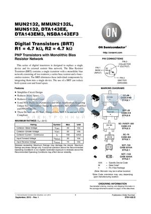 MUN2132T1G datasheet - Digital Transistors (BRT) R1 = 4.7 k, R2 = 4.7 k