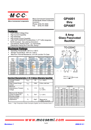 GPA802 datasheet - 8 Amp Glass Passivated Rectifier