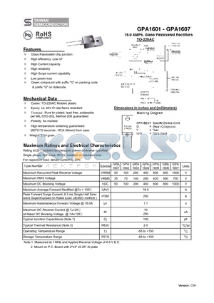 GPA1601 datasheet - 16.0 AMPs. Glass Passivated Rectifiers