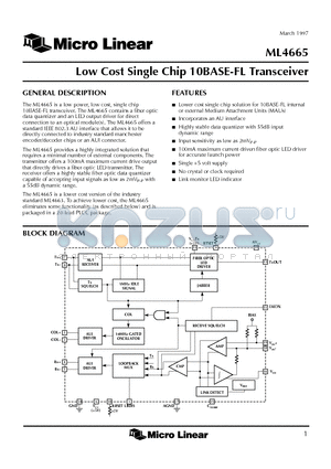ML4665 datasheet - Low Cost Single Chip 10BASE-FL Transceiver