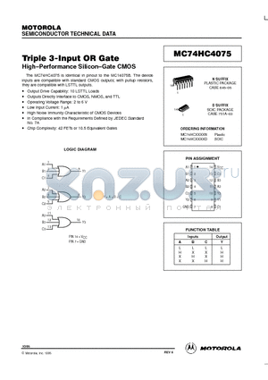 MC74HC4075D datasheet - TRIPLE 3- INPUT OR GATE HIGH-PERFORMANCE SILICON-GATE CMOS