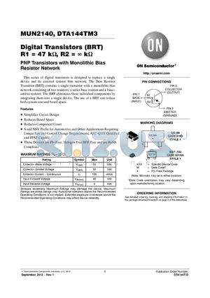 MUN2140 datasheet - Digital Transistors (BRT) R1 = 47 k, R2 =  k