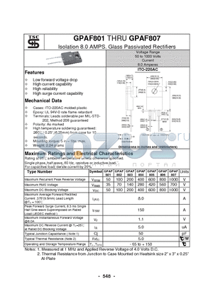 GPAF805 datasheet - Isolation 8.0 AMPS. Glass Passivated Rectifiers