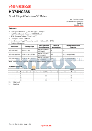 HD74HC386FPEL datasheet - Quad. 2-input Exclusive-OR Gates