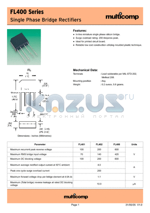 FL406 datasheet - Single Phase Bridge Rectifiers