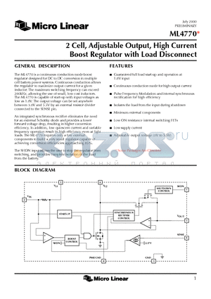ML4770ES datasheet - 2 Cell, Adjustable Output, High Current Boost Regulator with Load Disconnect