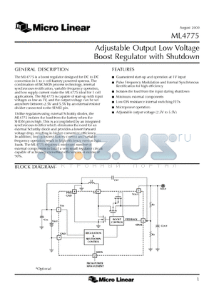 ML4775ES datasheet - Adjustable Output Low Voltage Boost Regulator with Shutdown
