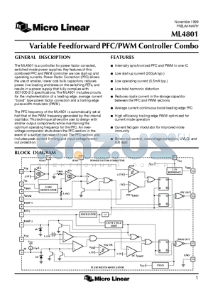 ML4801 datasheet - Variable Feedforward PFC/PWM Controller Combo