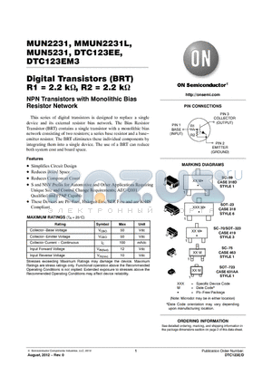 MUN2231T1G datasheet - Digital Transistors (BRT) R1 = 2.2 k, R2 = 2.2 k