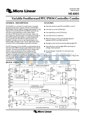 ML4805CP datasheet - Variable Feedforward PFC/PWM Controller Combo