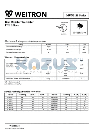 MUN5111 datasheet - Bias Resistor Transistor PNP Silicon
