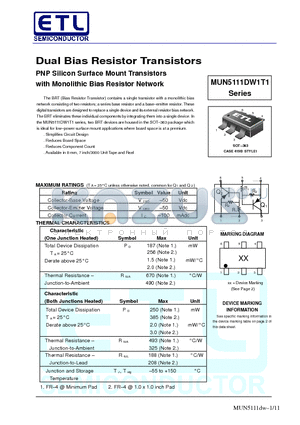 MUN5111DW1T1 datasheet - Dual Bias Resistor Transistors PNP Silicon Surface Mount Transistors with Monolithic Bias Resistor Network