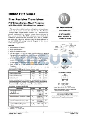 MUN5111T1G datasheet - Bias Resistor Transistors