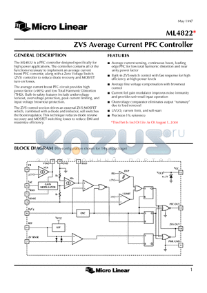 ML4822CP datasheet - ZVS Average Current PFC Controller