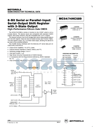 MC74HC589N datasheet - 8-Bit Serial or Parallel-Input/Serial-Output Shift Register with 3-State Output High-Performance Silicon-Gate CMOS