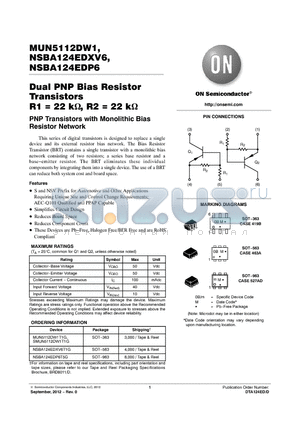 MUN5112DW1 datasheet - Dual PNP Bias Resistor Transistors R1 = 22 k, R2 = 22 k