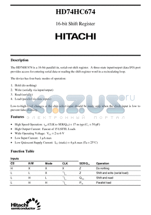 HD74HC674 datasheet - 16-bit Shift Register