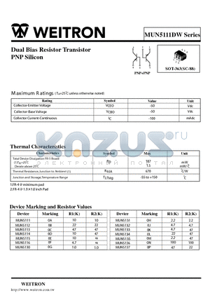 MUN5114DW datasheet - Dual Bias Resistor Transistor PNP Silicon