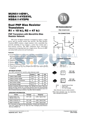 MUN5114DW1T1G datasheet - Dual PNP Bias Resistor Transistors R1 = 10 k, R2 = 47 k