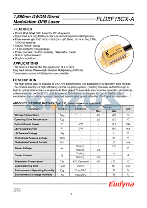 FLD5F15CX-A datasheet - 1,550nm DWDM Direct Modulation DFB Laser