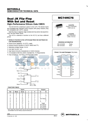 MC74HC76N datasheet - Dual JK Flip-Flop With Set and Reset