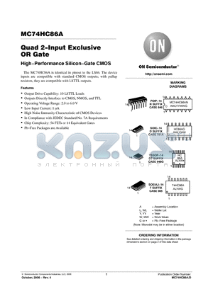 MC74HC86A datasheet - Quad 2−Input Exclusive OR Gate High−Performance Silicon−Gate CMOS