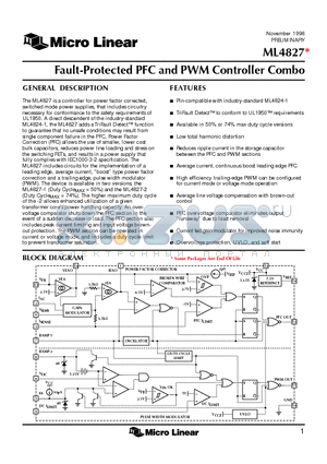 ML4827IS-1 datasheet - Fault-Protected PFC and PWM Controller Combo